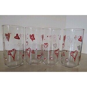 Set 4 Libbey Glass Tumblers Hearts Red Pink White 16 Oz  Valentines Day